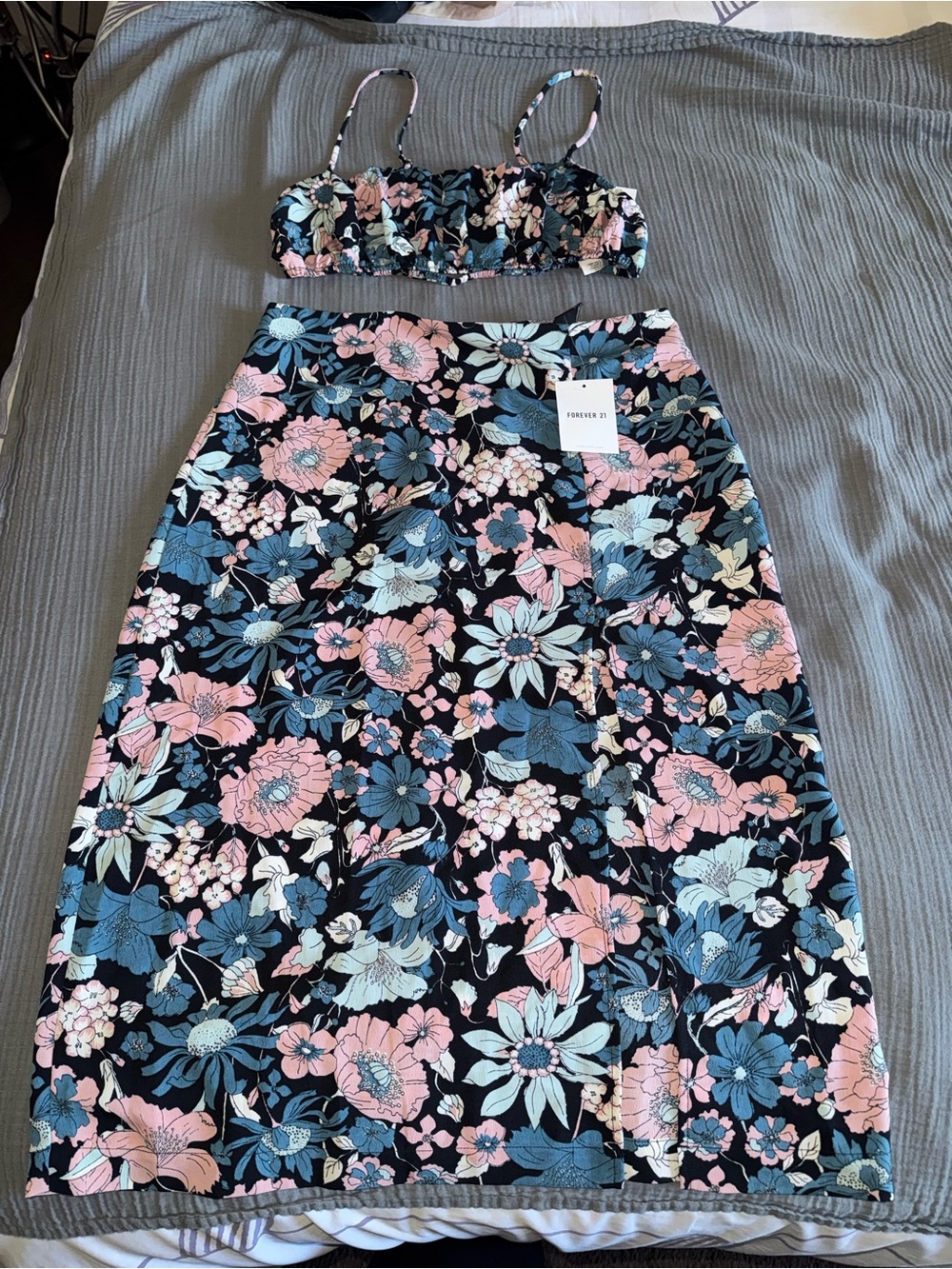 Forever 21 Black Floral Two-Piece Dress Set - Pink & Blue Accents